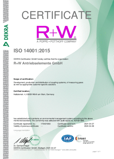 R+W ISO 14001:2015 Certificat DEKRA