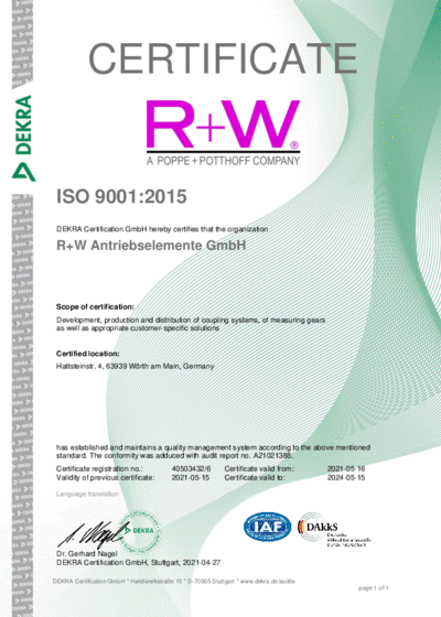 R+W ISO 9001:2015 Certificat DEKRA